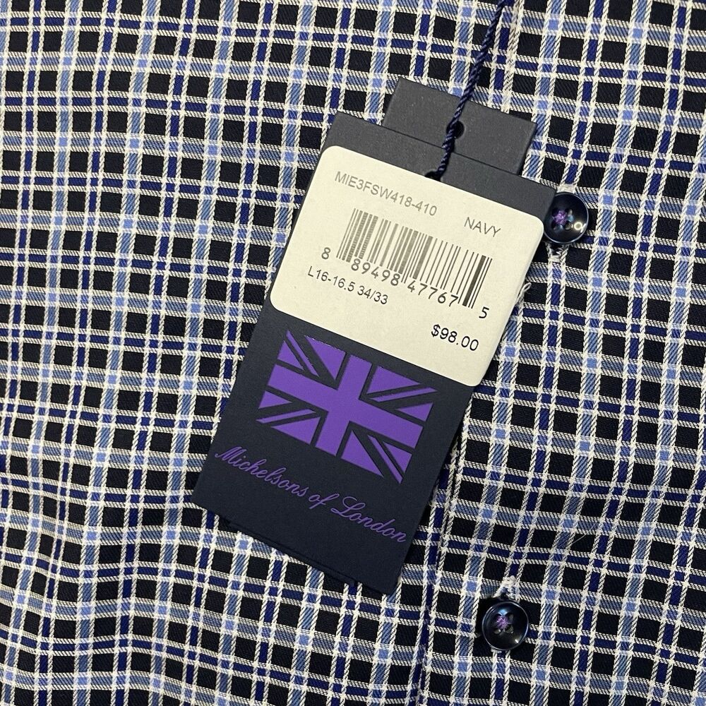 Michelsons London Dress Shirt Men's Large Navy Twill Check Long-Sleeve Contrast - Picture 5 of 11